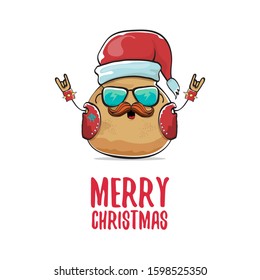 vector rock star santa potato funny cartoon cute character with with red santa hat and calligraphic merry christmas text isolated on isolated on white background. rock n roll christmas party poster