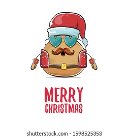 vector rock star santa potato funny cartoon cute character with with red santa hat and calligraphic merry christmas text isolated on isolated on white background. rock n roll christmas party poster