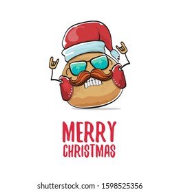 vector rock star santa potato funny cartoon cute character with with red santa hat and calligraphic merry christmas text isolated on isolated on white background. rock n roll christmas party poster