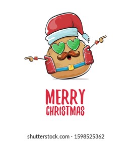 vector rock star santa potato funny cartoon cute character with with red santa hat and calligraphic merry christmas text isolated on isolated on white background. rock n roll christmas party poster
