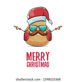 vector rock star santa potato funny cartoon cute character with with red santa hat and calligraphic merry christmas text isolated on isolated on white background. rock n roll christmas party poster