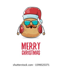 vector rock star santa potato funny cartoon cute character with with red santa hat and calligraphic merry christmas text isolated on isolated on white background. rock n roll christmas party poster