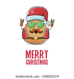 vector rock star santa potato funny cartoon cute character with with red santa hat and calligraphic merry christmas text isolated on isolated on white background. rock n roll christmas party poster
