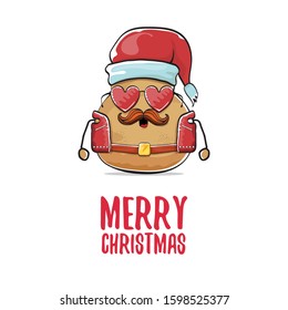 vector rock star santa potato funny cartoon cute character with with red santa hat and calligraphic merry christmas text isolated on isolated on white background. rock n roll christmas party poster
