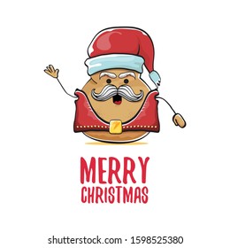 vector rock star santa potato funny cartoon cute character with with red santa hat and calligraphic merry christmas text isolated on isolated on white background. rock n roll christmas party poster