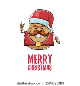 vector rock star santa potato funny cartoon cute character with with red santa hat and calligraphic merry christmas text isolated on isolated on white background. rock n roll christmas party poster