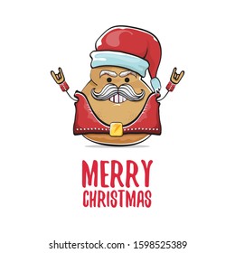 vector rock star santa potato funny cartoon cute character with with red santa hat and calligraphic merry christmas text isolated on isolated on white background. rock n roll christmas party poster