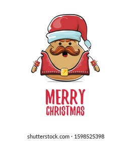 vector rock star santa potato funny cartoon cute character with with red santa hat and calligraphic merry christmas text isolated on isolated on white background. rock n roll christmas party poster