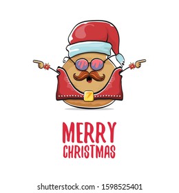 vector rock star santa potato funny cartoon cute character with with red santa hat and calligraphic merry christmas text isolated on isolated on white background. rock n roll christmas party poster