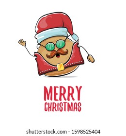 vector rock star santa potato funny cartoon cute character with with red santa hat and calligraphic merry christmas text isolated on isolated on white background. rock n roll christmas party poster