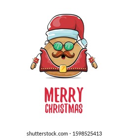 vector rock star santa potato funny cartoon cute character with with red santa hat and calligraphic merry christmas text isolated on isolated on white background. rock n roll christmas party poster