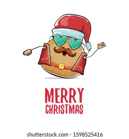 vector rock star santa potato funny cartoon cute character with with red santa hat and calligraphic merry christmas text isolated on isolated on white background. rock n roll christmas party poster