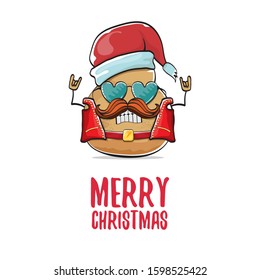 vector rock star santa potato funny cartoon cute character with with red santa hat and calligraphic merry christmas text isolated on isolated on white background. rock n roll christmas party poster