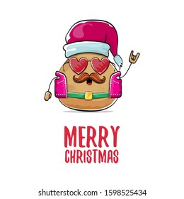 vector rock star santa potato funny cartoon cute character with with red santa hat and calligraphic merry christmas text isolated on isolated on white background. rock n roll christmas party poster