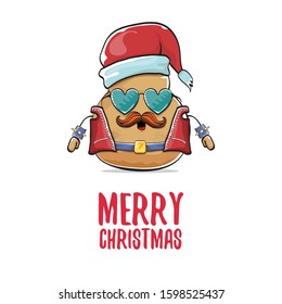vector rock star santa potato funny cartoon cute character with with red santa hat and calligraphic merry christmas text isolated on isolated on white background. rock n roll christmas party poster