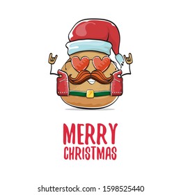 vector rock star santa potato funny cartoon cute character with with red santa hat and calligraphic merry christmas text isolated on isolated on white background. rock n roll christmas party poster