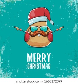 vector rock star santa potato funny cartoon cute character with with red santa hat and calligraphic christmas text isolated on isolated on turquoise background. rock n roll christmas party poster