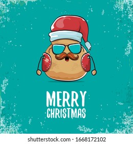 vector rock star santa potato funny cartoon cute character with with red santa hat and calligraphic christmas text isolated on isolated on turquoise background. rock n roll christmas party poster