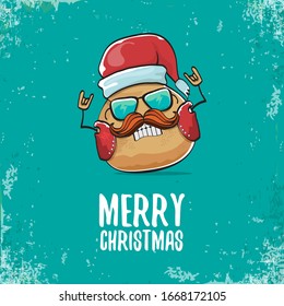 vector rock star santa potato funny cartoon cute character with with red santa hat and calligraphic christmas text isolated on isolated on turquoise background. rock n roll christmas party poster