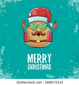 vector rock star santa potato funny cartoon cute character with with red santa hat and calligraphic christmas text isolated on isolated on turquoise background. rock n roll christmas party poster