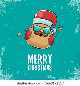 vector rock star santa potato funny cartoon cute character with with red santa hat and calligraphic christmas text isolated on isolated on turquoise background. rock n roll christmas party poster