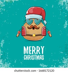 vector rock star santa potato funny cartoon cute character with with red santa hat and calligraphic christmas text isolated on isolated on turquoise background. rock n roll christmas party poster