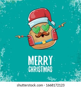 vector rock star santa potato funny cartoon cute character with with red santa hat and calligraphic christmas text isolated on isolated on turquoise background. rock n roll christmas party poster