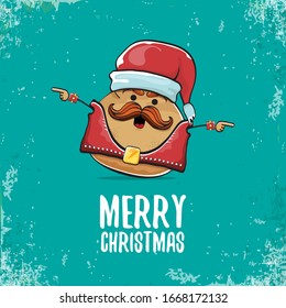 vector rock star santa potato funny cartoon cute character with with red santa hat and calligraphic christmas text isolated on isolated on turquoise background. rock n roll christmas party poster