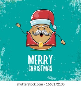 vector rock star santa potato funny cartoon cute character with with red santa hat and calligraphic christmas text isolated on isolated on turquoise background. rock n roll christmas party poster