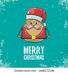 vector rock star santa potato funny cartoon cute character with with red santa hat and calligraphic christmas text isolated on isolated on turquoise background. rock n roll christmas party poster