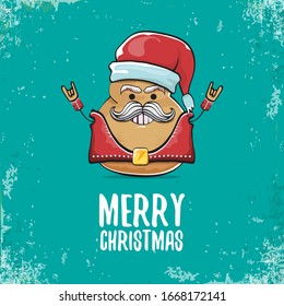 vector rock star santa potato funny cartoon cute character with with red santa hat and calligraphic christmas text isolated on isolated on turquoise background. rock n roll christmas party poster