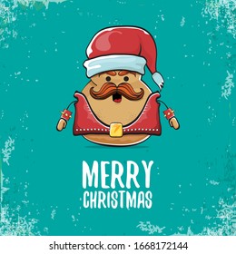 vector rock star santa potato funny cartoon cute character with with red santa hat and calligraphic christmas text isolated on isolated on turquoise background. rock n roll christmas party poster