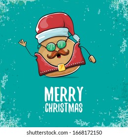 vector rock star santa potato funny cartoon cute character with with red santa hat and calligraphic christmas text isolated on isolated on turquoise background. rock n roll christmas party poster