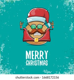 vector rock star santa potato funny cartoon cute character with with red santa hat and calligraphic christmas text isolated on isolated on turquoise background. rock n roll christmas party poster