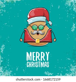 vector rock star santa potato funny cartoon cute character with with red santa hat and calligraphic christmas text isolated on isolated on turquoise background. rock n roll christmas party poster