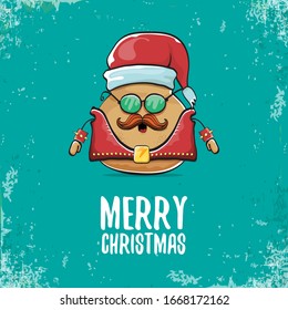vector rock star santa potato funny cartoon cute character with with red santa hat and calligraphic christmas text isolated on isolated on turquoise background. rock n roll christmas party poster