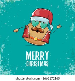 vector rock star santa potato funny cartoon cute character with with red santa hat and calligraphic christmas text isolated on isolated on turquoise background. rock n roll christmas party poster