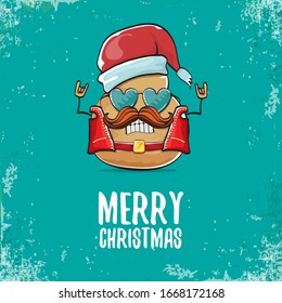 vector rock star santa potato funny cartoon cute character with with red santa hat and calligraphic christmas text isolated on isolated on turquoise background. rock n roll christmas party poster