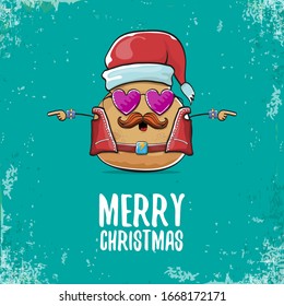 vector rock star santa potato funny cartoon cute character with with red santa hat and calligraphic christmas text isolated on isolated on turquoise background. rock n roll christmas party poster