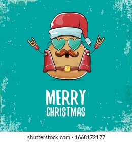 vector rock star santa potato funny cartoon cute character with with red santa hat and calligraphic christmas text isolated on isolated on turquoise background. rock n roll christmas party poster
