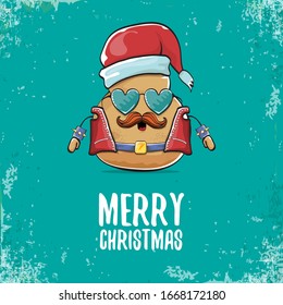 vector rock star santa potato funny cartoon cute character with with red santa hat and calligraphic christmas text isolated on isolated on turquoise background. rock n roll christmas party poster