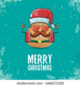 vector rock star santa potato funny cartoon cute character with with red santa hat and calligraphic christmas text isolated on isolated on turquoise background. rock n roll christmas party poster