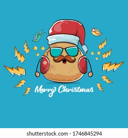 vector rock star santa potato funny cartoon cute character with with red santa hat and calligraphic merry christmas text isolated on blue background. rock n roll christmas party poster