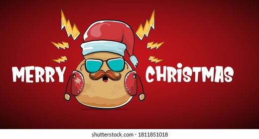 vector rock star santa potato funny cartoon cute character with with red santa hat and calligraphic merry christmas text isolated on red horizontal  background. rock n roll christmas party banner