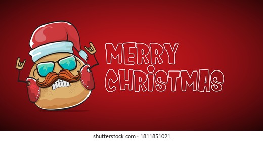 vector rock star santa potato funny cartoon cute character with with red santa hat and calligraphic merry christmas text isolated on red horizontal  background. rock n roll christmas party banner