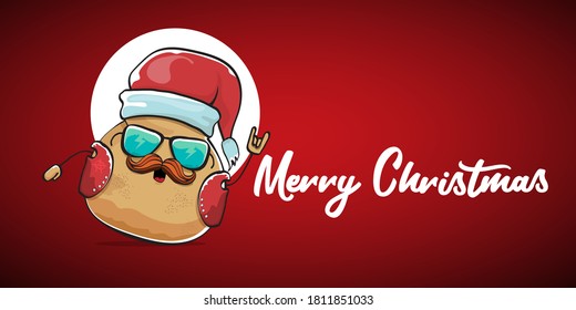 vector rock star santa potato funny cartoon cute character with with red santa hat and calligraphic merry christmas text isolated on red horizontal  background. rock n roll christmas party banner