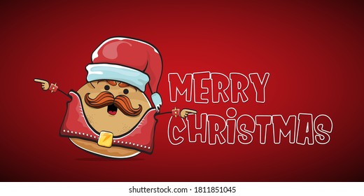 vector rock star santa potato funny cartoon cute character with with red santa hat and calligraphic merry christmas text isolated on red horizontal  background. rock n roll christmas party banner