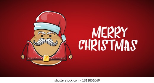 vector rock star santa potato funny cartoon cute character with with red santa hat and calligraphic merry christmas text isolated on red horizontal  background. rock n roll christmas party banner