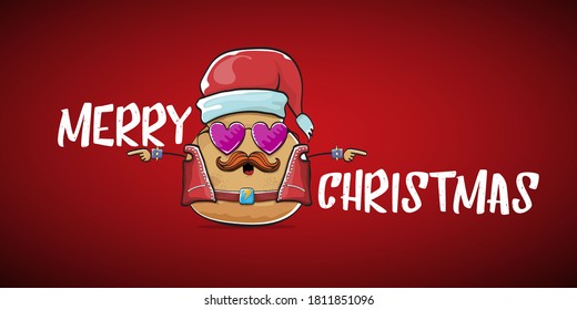 vector rock star santa potato funny cartoon cute character with with red santa hat and calligraphic merry christmas text isolated on red horizontal  background. rock n roll christmas party banner