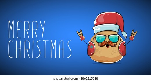 vector rock star Santa potato funny cartoon cute character with red Santa hat and calligraphic merry Christmas text isolated on blue horizontal background. rock n roll Christmas party banner